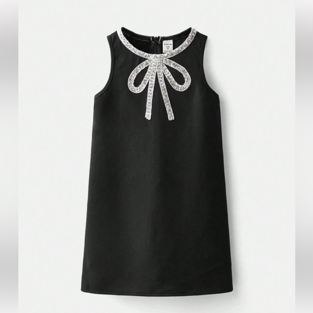 SHEIN Little Girl’s Black Silver Sequin Bow Neck Dress Size 6yr old - Picture 5 of 8